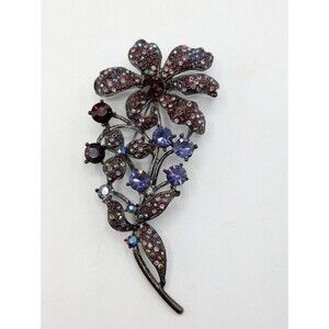 Large Vintage Purple Pink Violent Rhinestone Silver Tone Flower Brooch Pin